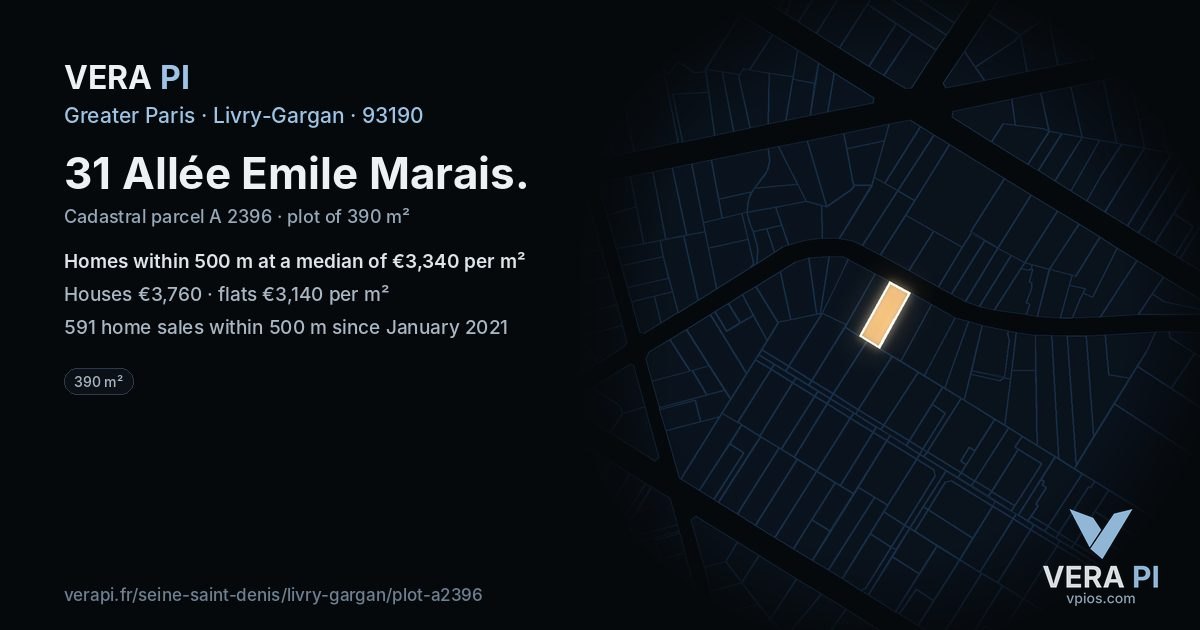 31 Allée Emile Marais, Livry-Gargan at night – the plot lit, the parcels around coloured by the prices near them