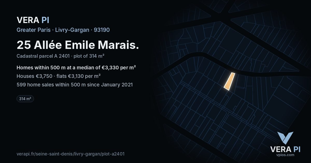 25 Allée Emile Marais, Livry-Gargan at night – the plot lit, the parcels around coloured by the prices near them