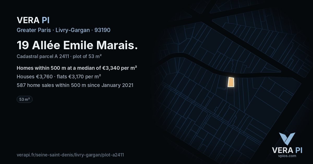 19 Allée Emile Marais, Livry-Gargan at night – the plot lit, the parcels around coloured by the prices near them