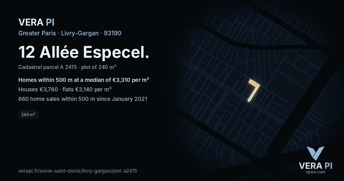 12 Allée Especel, Livry-Gargan at night – the plot lit, the parcels around coloured by the prices near them