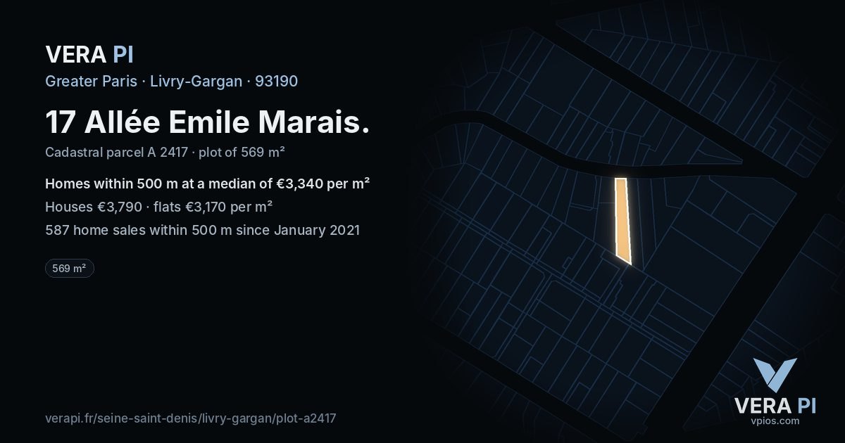 17 Allée Emile Marais, Livry-Gargan at night – the plot lit, the parcels around coloured by the prices near them