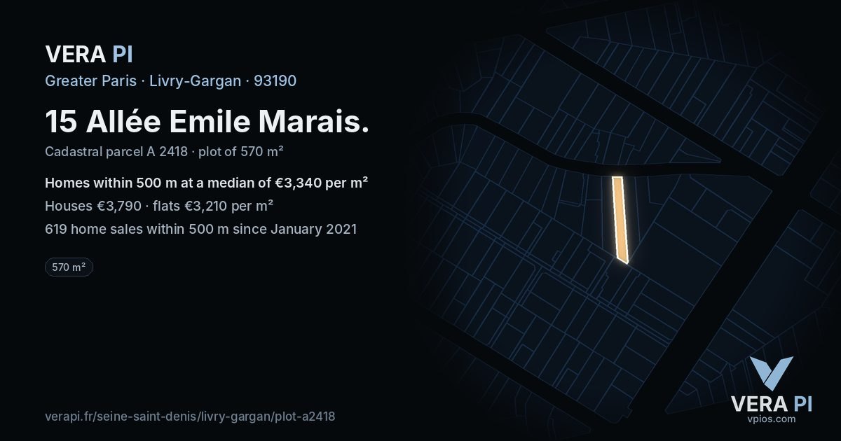 15 Allée Emile Marais, Livry-Gargan at night – the plot lit, the parcels around coloured by the prices near them