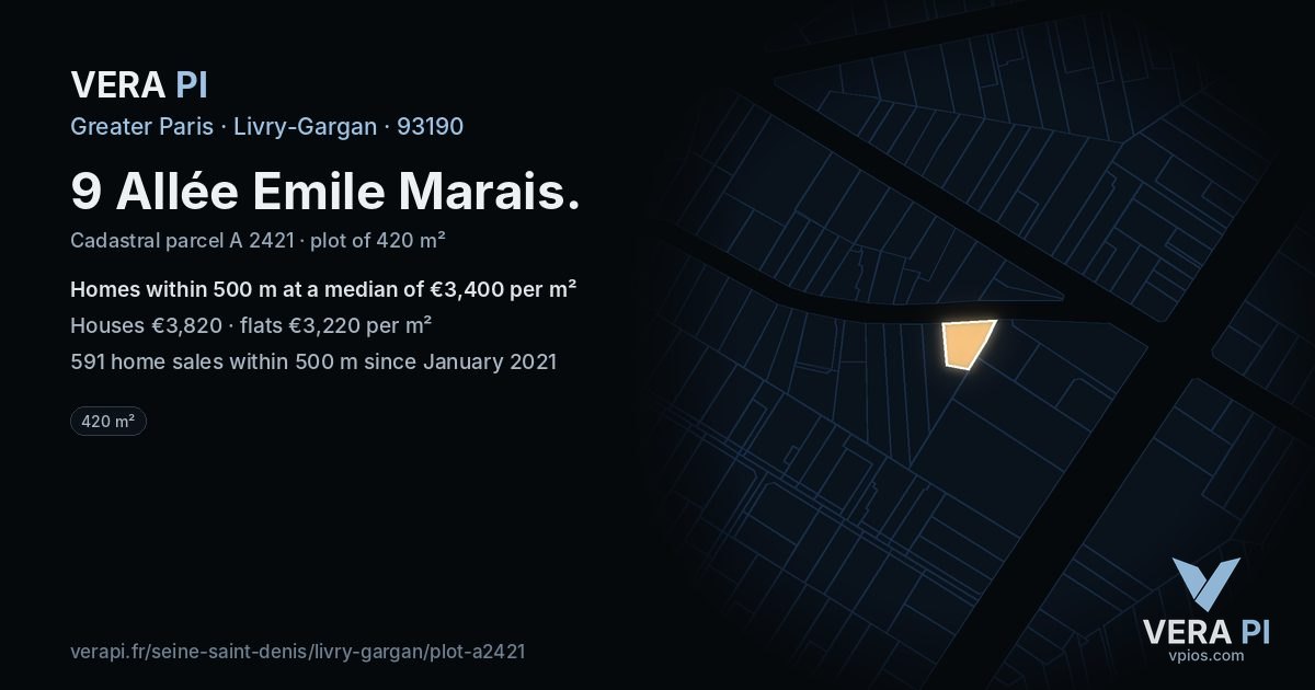 9 Allée Emile Marais, Livry-Gargan at night – the plot lit, the parcels around coloured by the prices near them