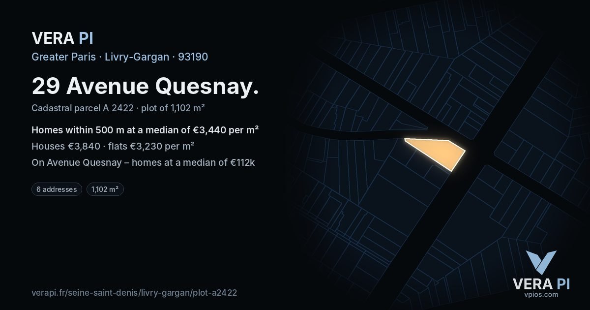 29 Avenue Quesnay, Livry-Gargan at night – the plot lit, the parcels around coloured by the prices near them