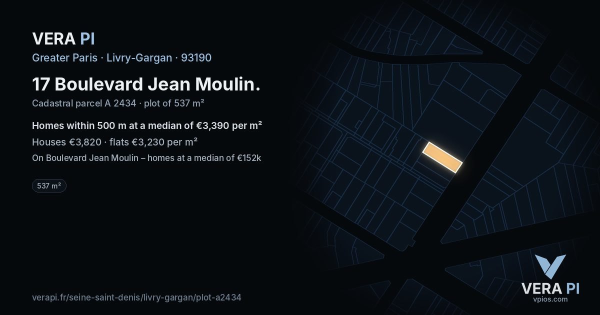 17 Boulevard Jean Moulin, Livry-Gargan at night – the plot lit, the parcels around coloured by the prices near them