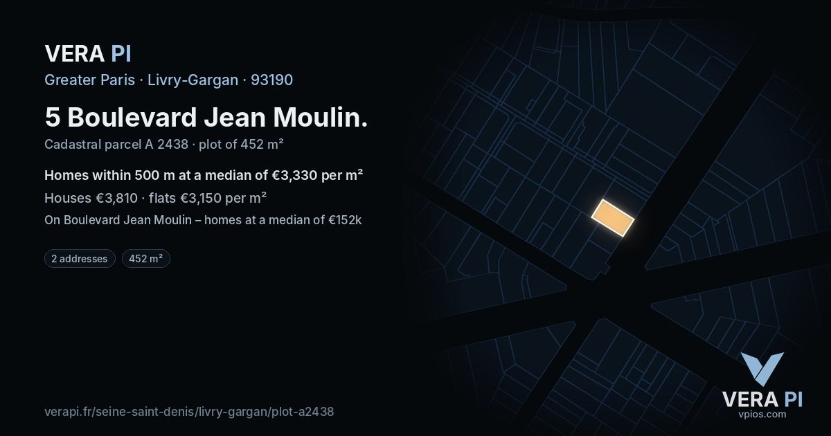 5 Boulevard Jean Moulin, Livry-Gargan at night – the plot lit, the parcels around coloured by the prices near them