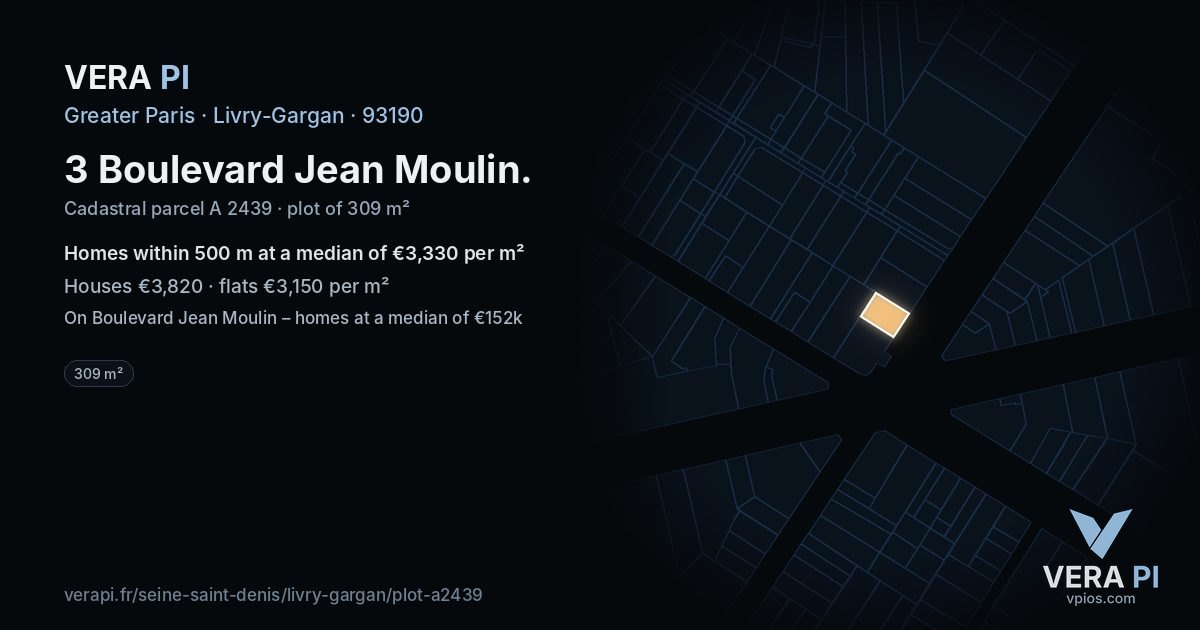 3 Boulevard Jean Moulin, Livry-Gargan at night – the plot lit, the parcels around coloured by the prices near them