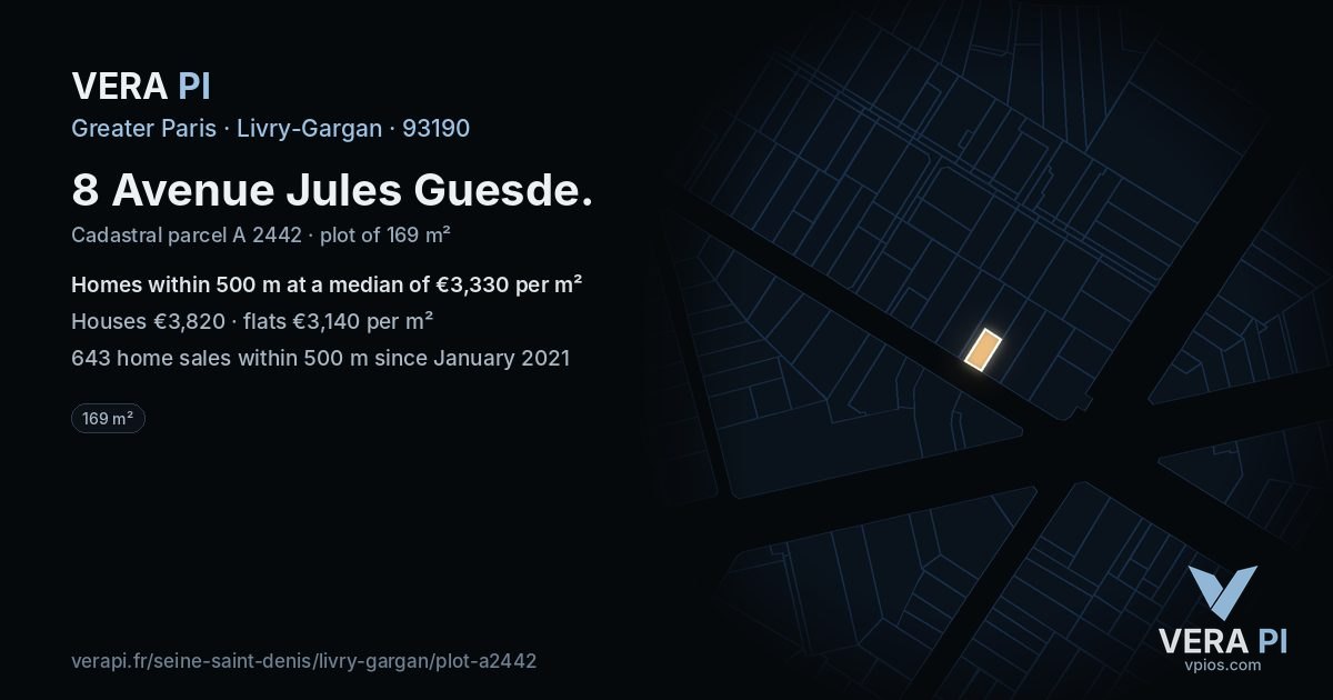8 Avenue Jules Guesde, Livry-Gargan at night – the plot lit, the parcels around coloured by the prices near them