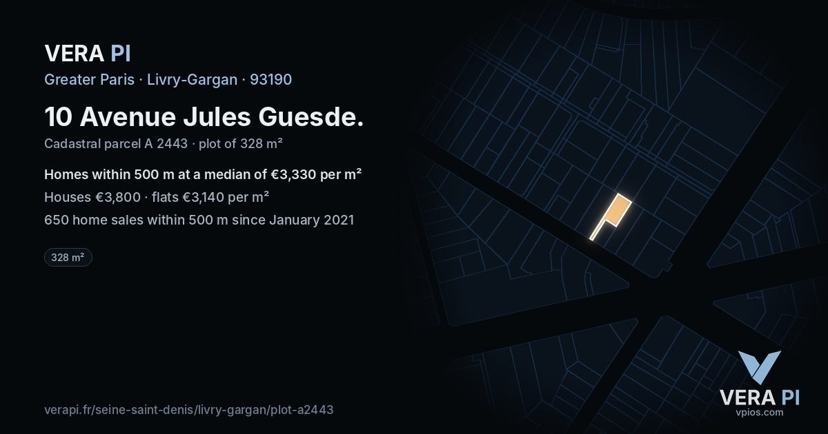10 Avenue Jules Guesde, Livry-Gargan at night – the plot lit, the parcels around coloured by the prices near them