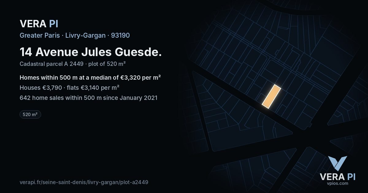 14 Avenue Jules Guesde, Livry-Gargan at night – the plot lit, the parcels around coloured by the prices near them