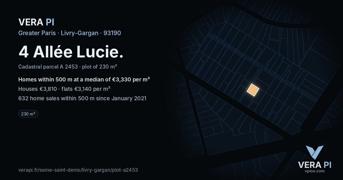4 Allée Lucie, Livry-Gargan at night – the plot lit, the parcels around coloured by the prices near them
