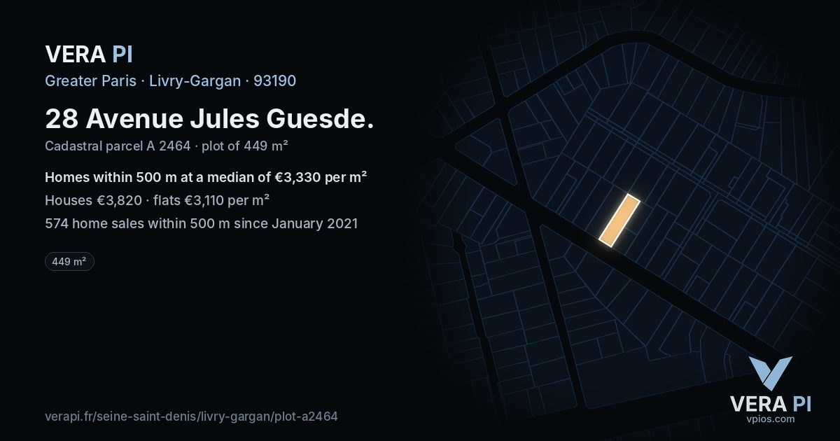 28 Avenue Jules Guesde, Livry-Gargan at night – the plot lit, the parcels around coloured by the prices near them