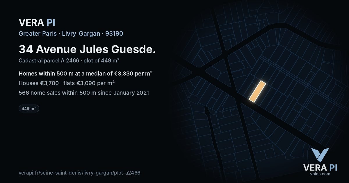 34 Avenue Jules Guesde, Livry-Gargan at night – the plot lit, the parcels around coloured by the prices near them