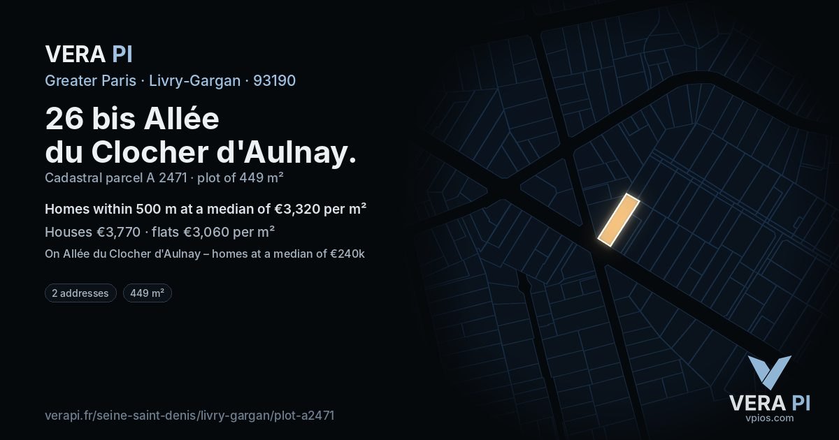 26 bis Allée du Clocher d'Aulnay, Livry-Gargan at night – the plot lit, the parcels around coloured by the prices near them