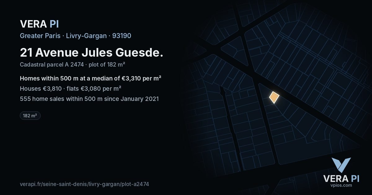 21 Avenue Jules Guesde, Livry-Gargan at night – the plot lit, the parcels around coloured by the prices near them
