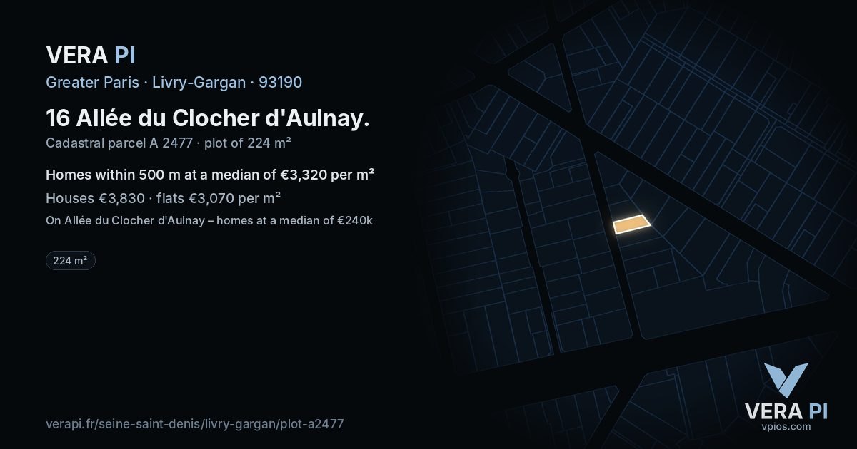 16 Allée du Clocher d'Aulnay, Livry-Gargan at night – the plot lit, the parcels around coloured by the prices near them