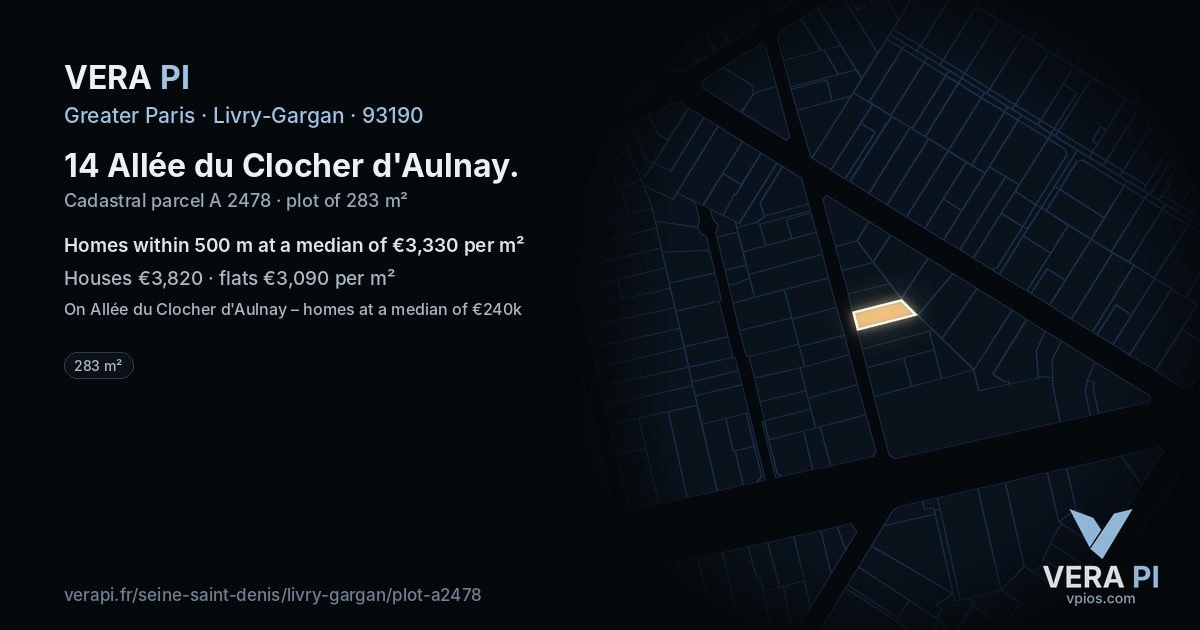 14 Allée du Clocher d'Aulnay, Livry-Gargan at night – the plot lit, the parcels around coloured by the prices near them