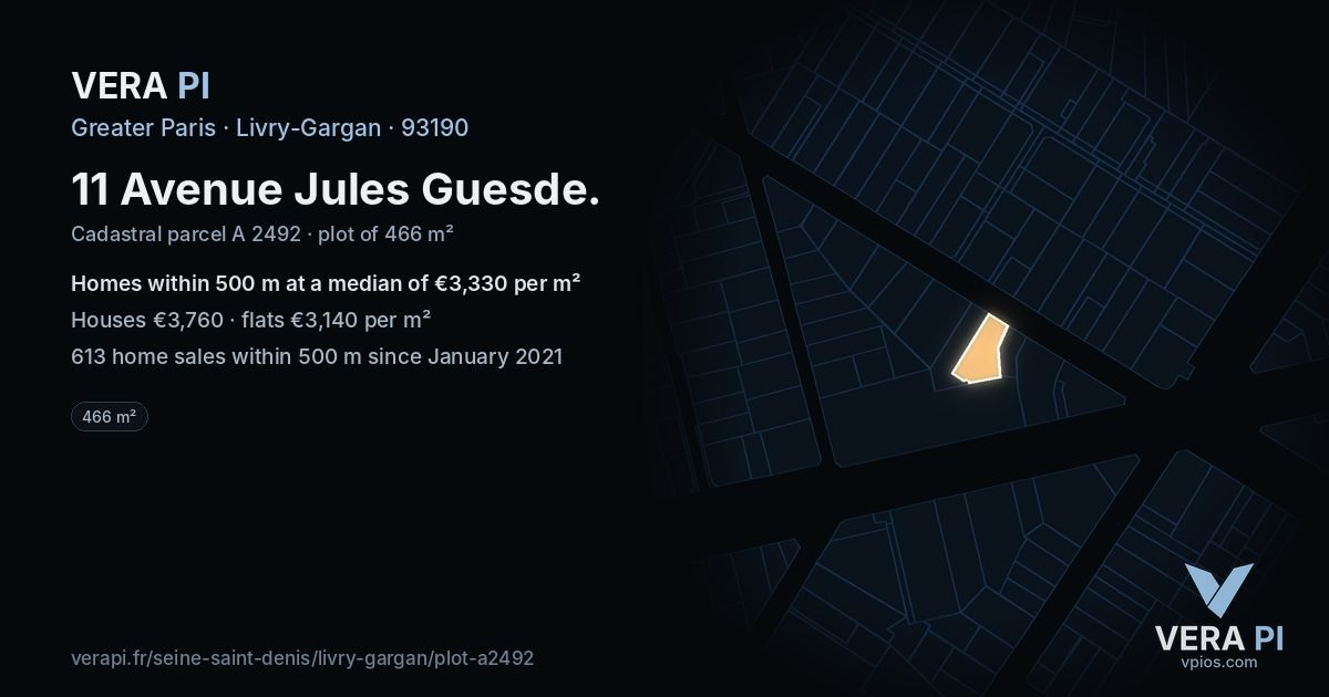 11 Avenue Jules Guesde, Livry-Gargan at night – the plot lit, the parcels around coloured by the prices near them