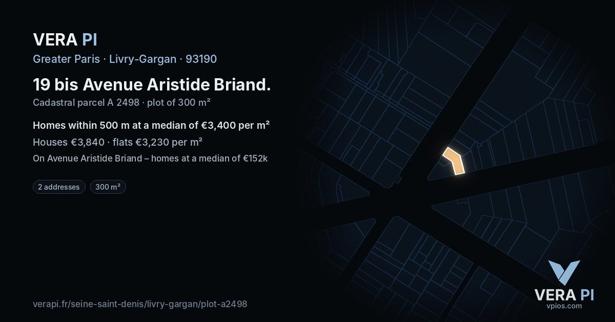 19 bis Avenue Aristide Briand, Livry-Gargan at night – the plot lit, the parcels around coloured by the prices near them