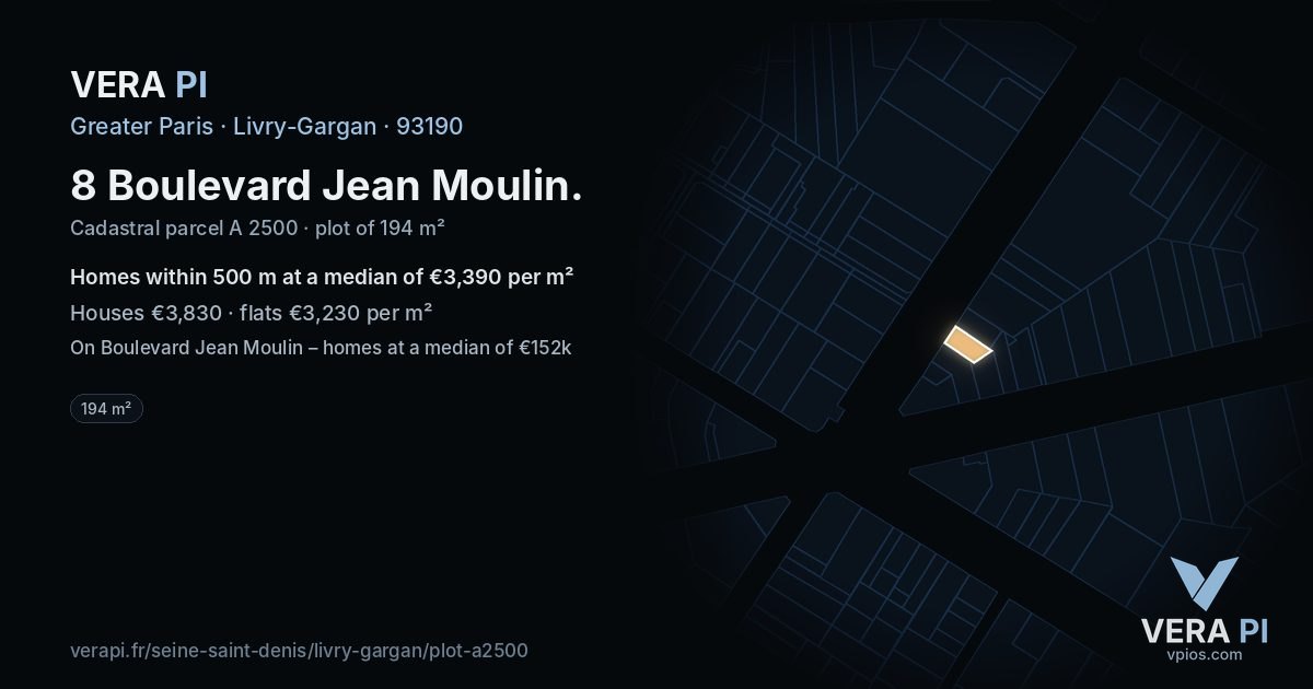 8 Boulevard Jean Moulin, Livry-Gargan at night – the plot lit, the parcels around coloured by the prices near them