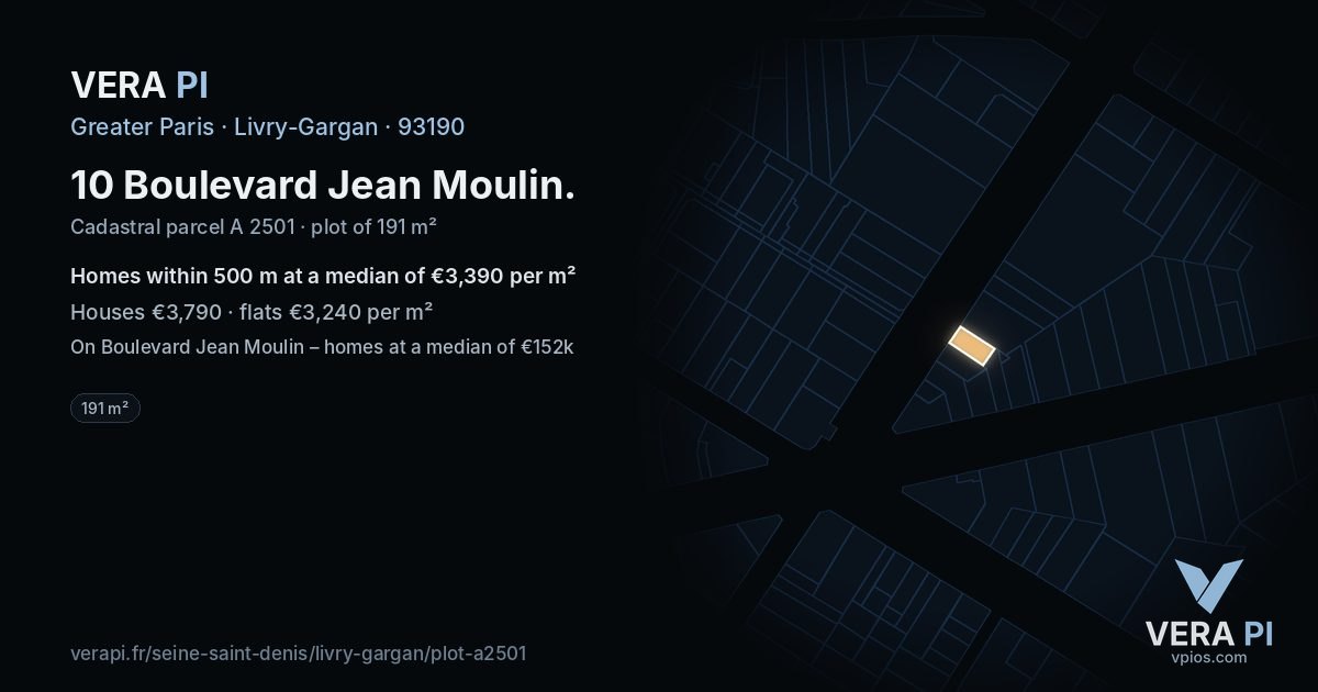 10 Boulevard Jean Moulin, Livry-Gargan at night – the plot lit, the parcels around coloured by the prices near them