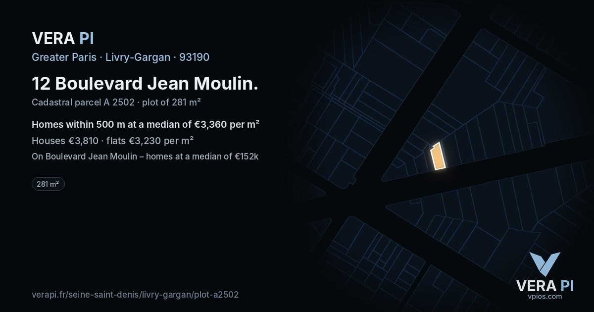 12 Boulevard Jean Moulin, Livry-Gargan at night – the plot lit, the parcels around coloured by the prices near them