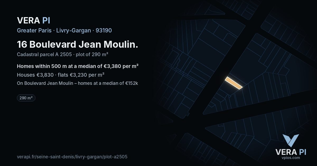 16 Boulevard Jean Moulin, Livry-Gargan at night – the plot lit, the parcels around coloured by the prices near them
