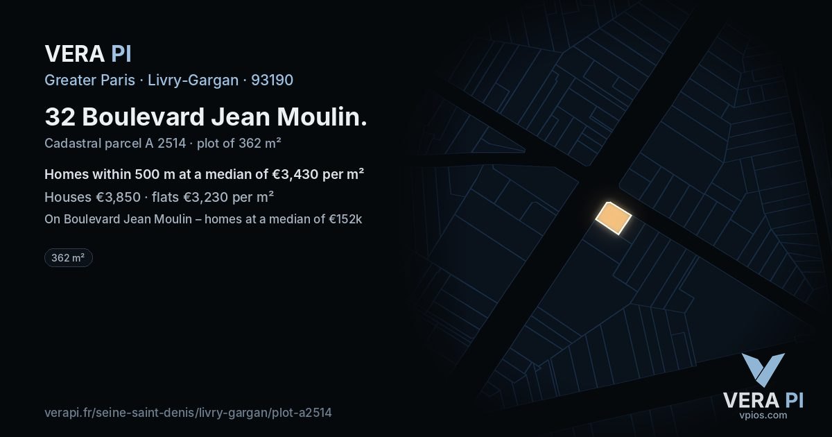 32 Boulevard Jean Moulin, Livry-Gargan at night – the plot lit, the parcels around coloured by the prices near them