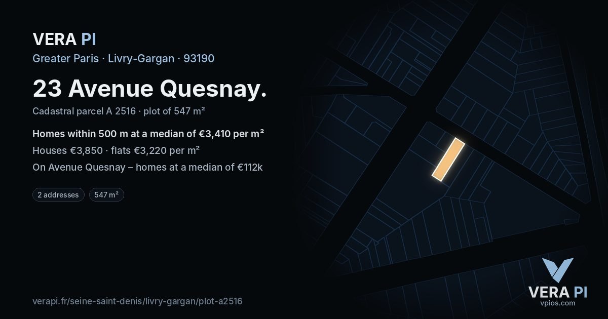 23 Avenue Quesnay, Livry-Gargan at night – the plot lit, the parcels around coloured by the prices near them