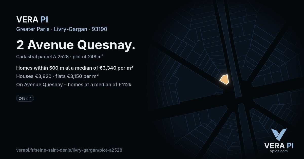 2 Avenue Quesnay, Livry-Gargan at night – the plot lit, the parcels around coloured by the prices near them