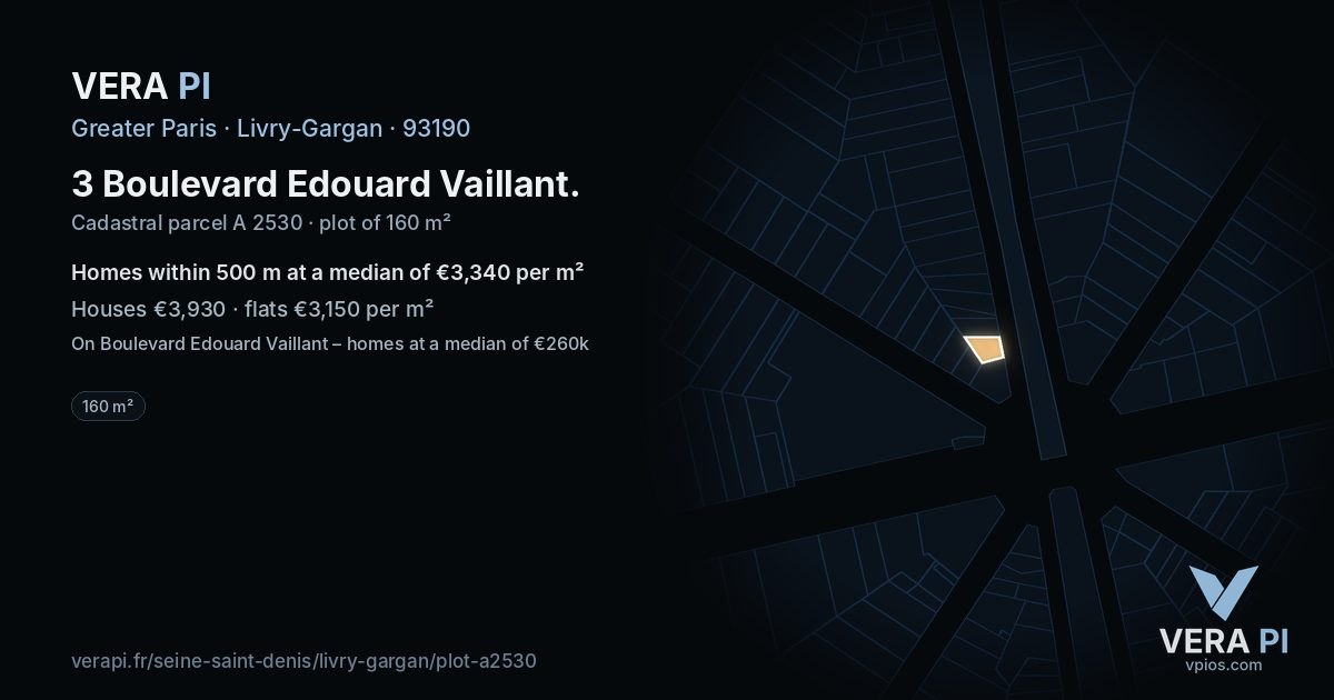 3 Boulevard Edouard Vaillant, Livry-Gargan at night – the plot lit, the parcels around coloured by the prices near them