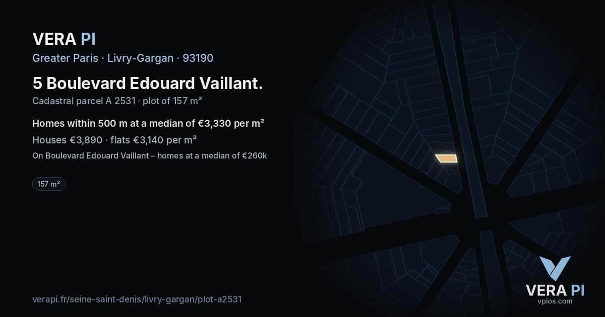 5 Boulevard Edouard Vaillant, Livry-Gargan at night – the plot lit, the parcels around coloured by the prices near them