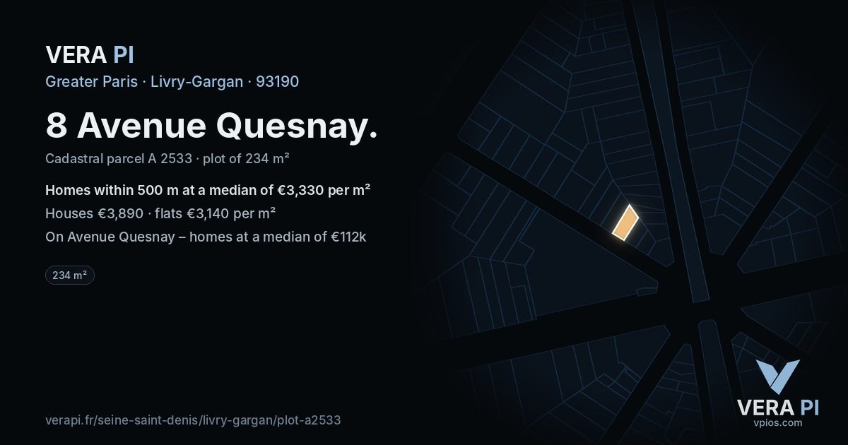 8 Avenue Quesnay, Livry-Gargan at night – the plot lit, the parcels around coloured by the prices near them