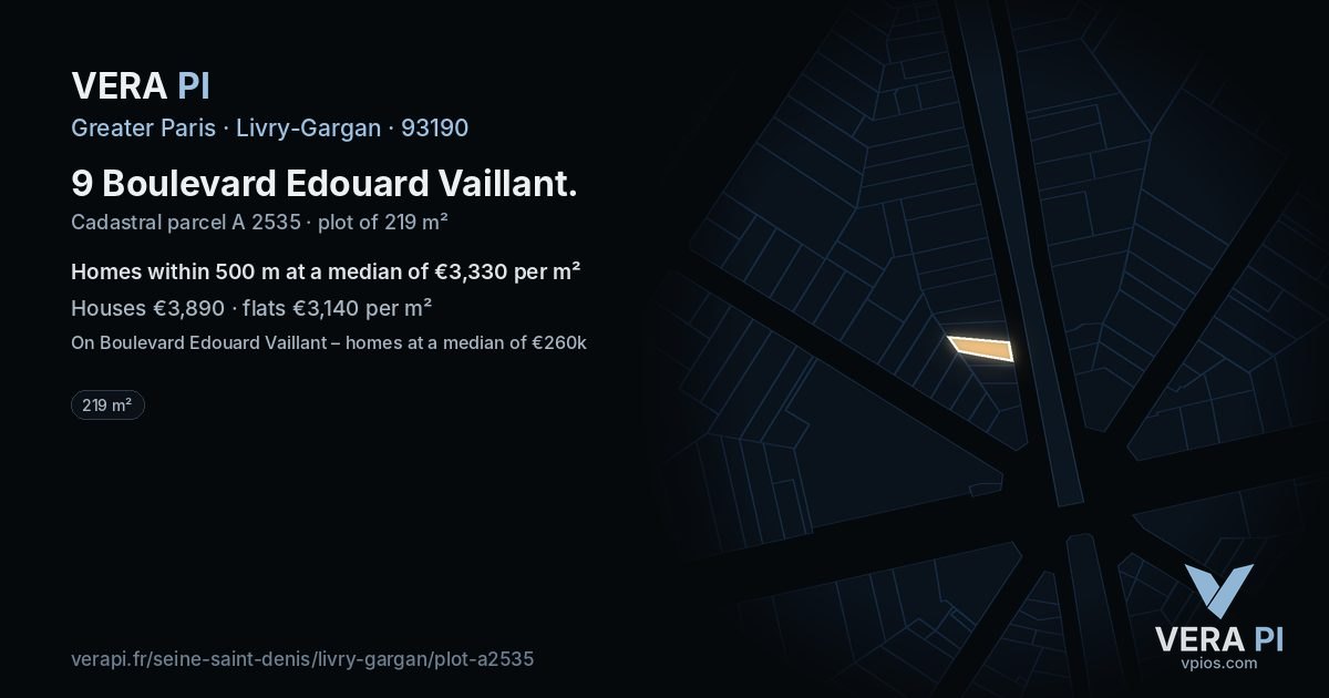 9 Boulevard Edouard Vaillant, Livry-Gargan at night – the plot lit, the parcels around coloured by the prices near them
