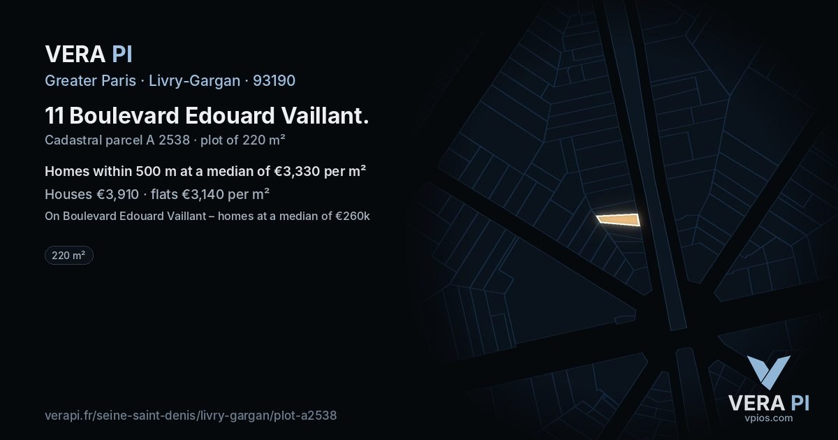 11 Boulevard Edouard Vaillant, Livry-Gargan at night – the plot lit, the parcels around coloured by the prices near them