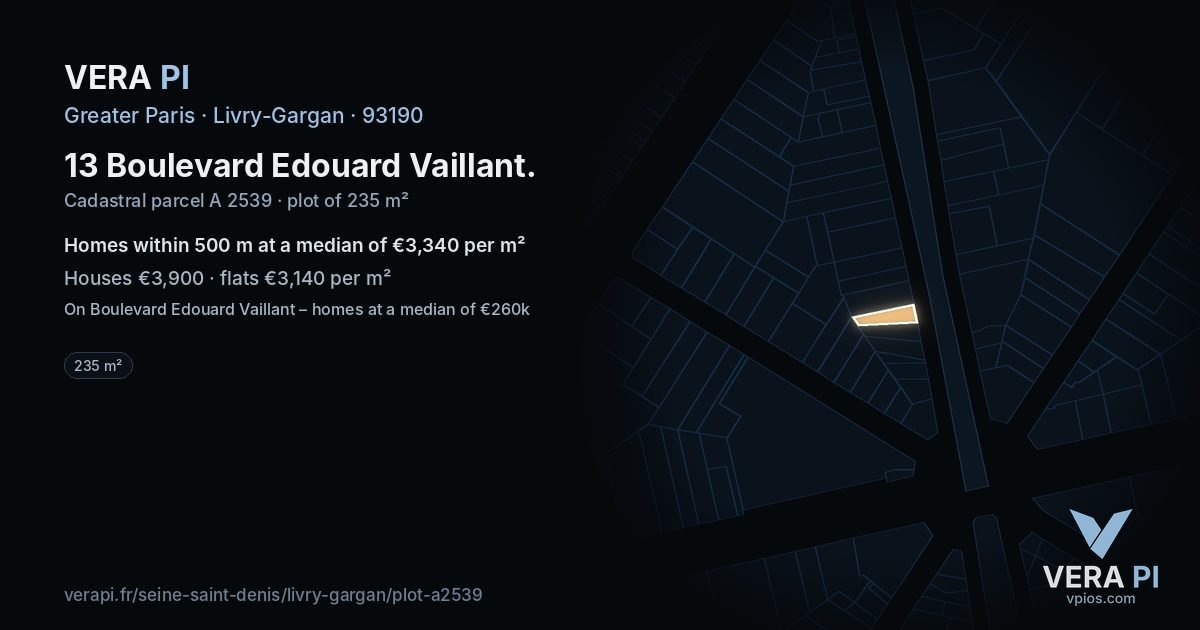 13 Boulevard Edouard Vaillant, Livry-Gargan at night – the plot lit, the parcels around coloured by the prices near them