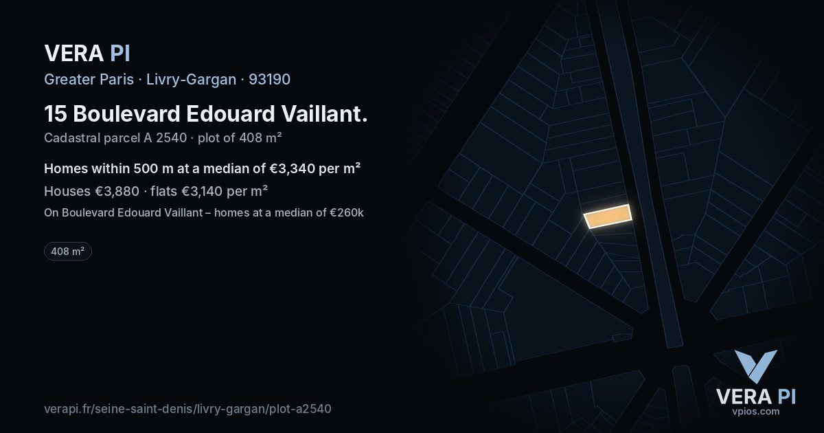15 Boulevard Edouard Vaillant, Livry-Gargan at night – the plot lit, the parcels around coloured by the prices near them