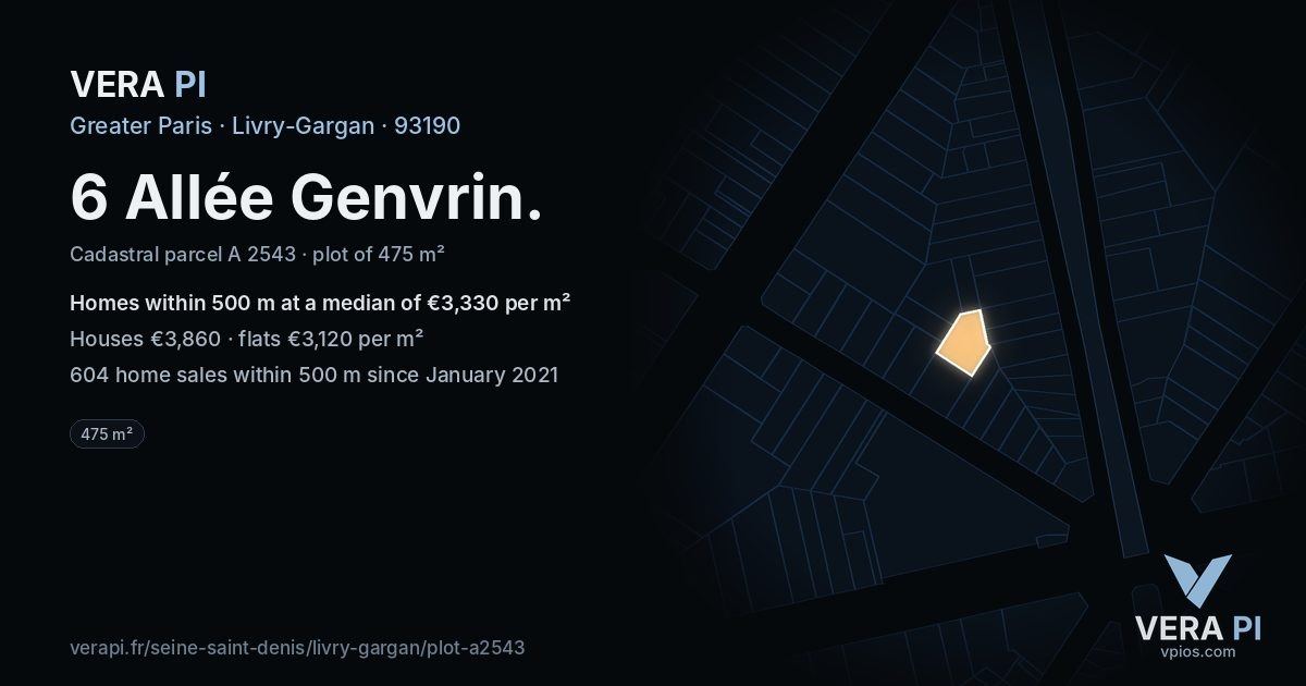6 Allée Genvrin, Livry-Gargan at night – the plot lit, the parcels around coloured by the prices near them