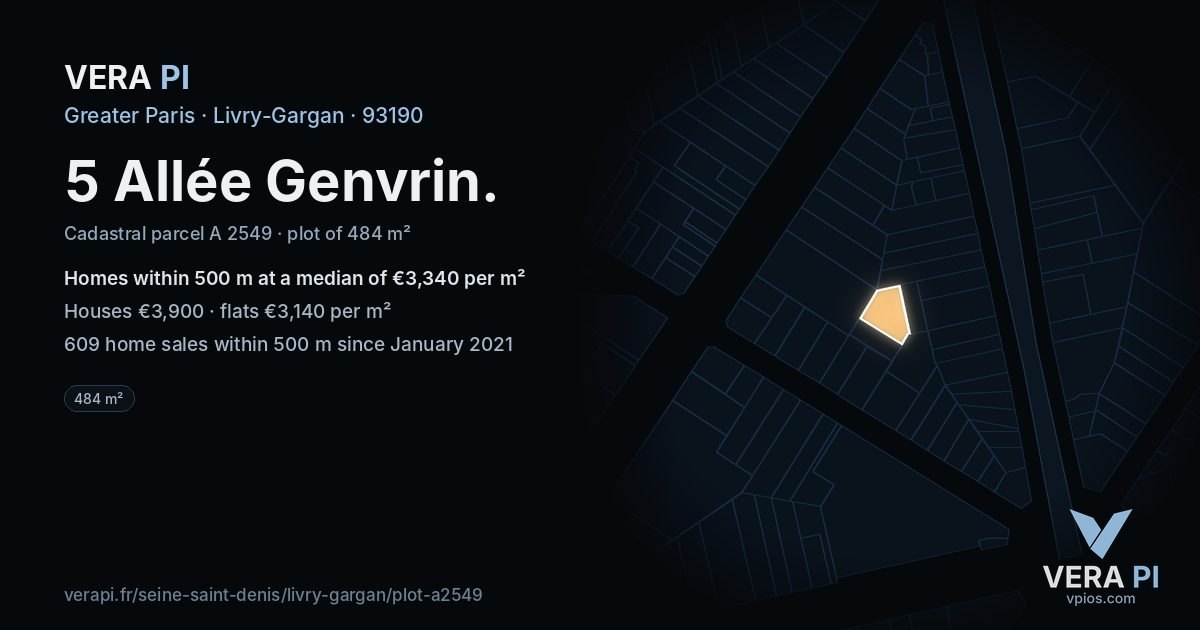 5 Allée Genvrin, Livry-Gargan at night – the plot lit, the parcels around coloured by the prices near them