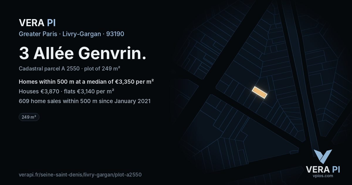 3 Allée Genvrin, Livry-Gargan at night – the plot lit, the parcels around coloured by the prices near them