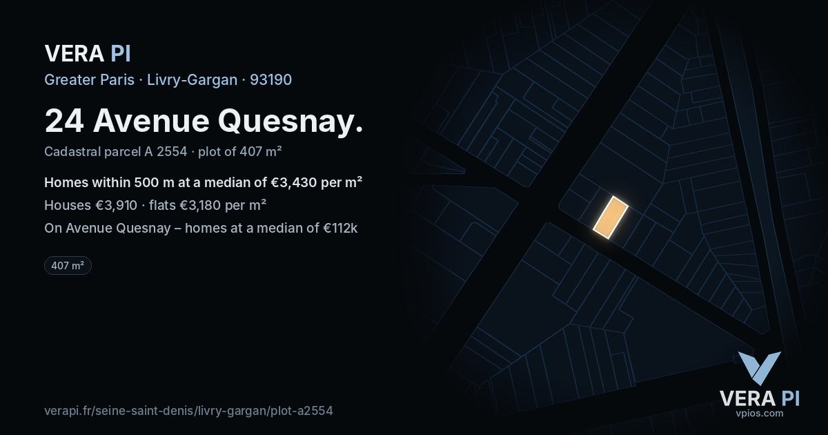 24 Avenue Quesnay, Livry-Gargan at night – the plot lit, the parcels around coloured by the prices near them