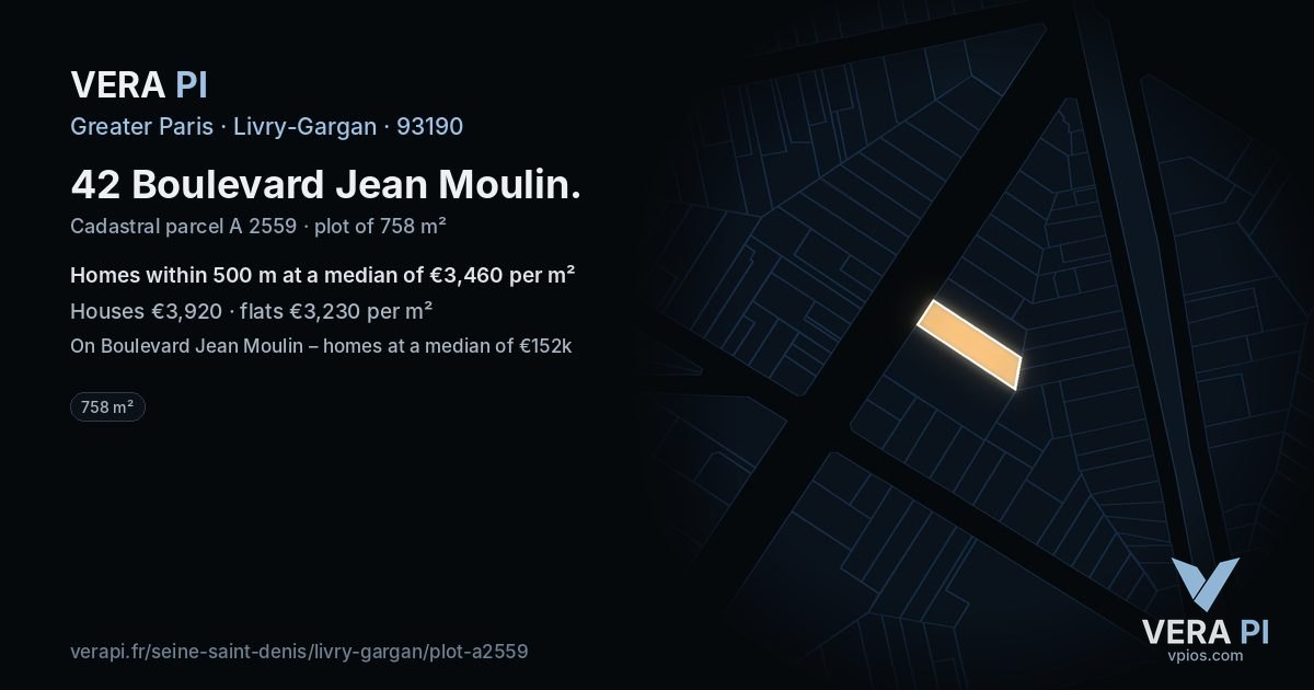 42 Boulevard Jean Moulin, Livry-Gargan at night – the plot lit, the parcels around coloured by the prices near them