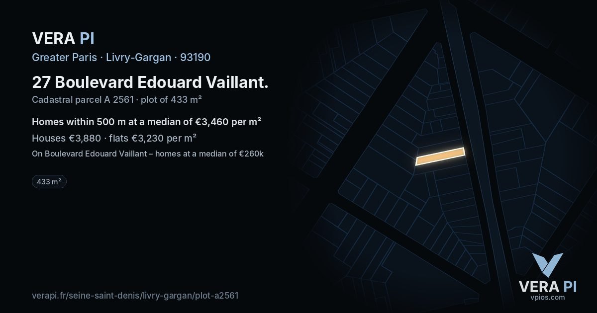 27 Boulevard Edouard Vaillant, Livry-Gargan at night – the plot lit, the parcels around coloured by the prices near them