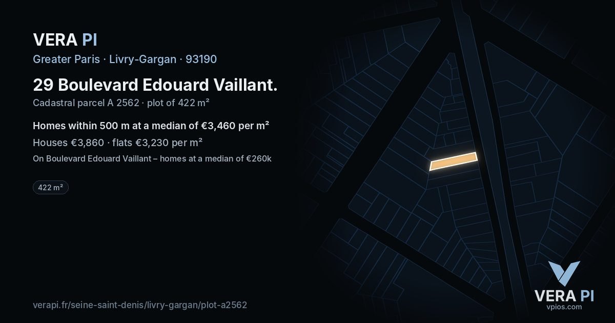 29 Boulevard Edouard Vaillant, Livry-Gargan at night – the plot lit, the parcels around coloured by the prices near them