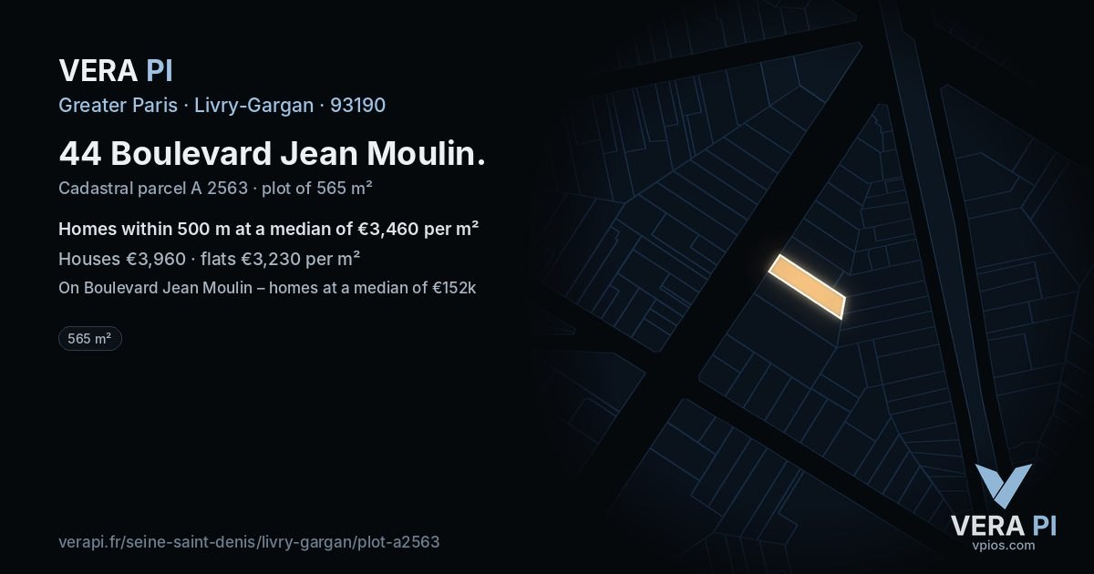 44 Boulevard Jean Moulin, Livry-Gargan at night – the plot lit, the parcels around coloured by the prices near them