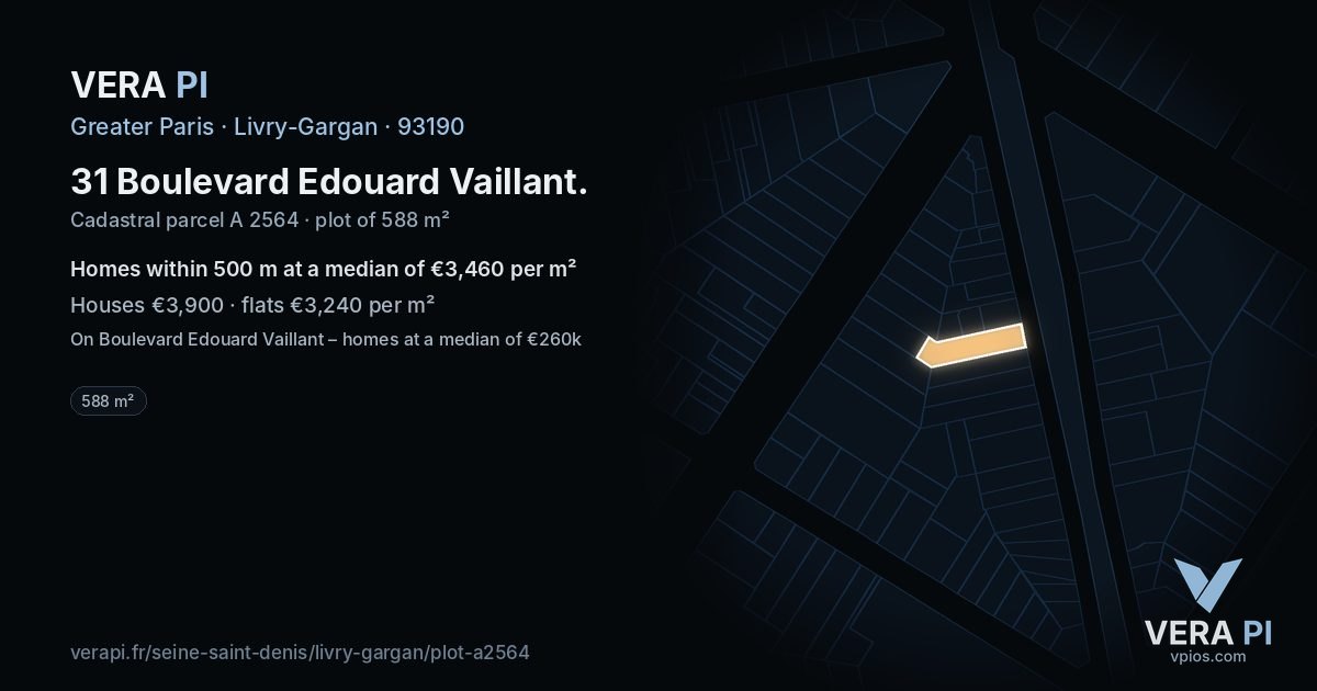 31 Boulevard Edouard Vaillant, Livry-Gargan at night – the plot lit, the parcels around coloured by the prices near them