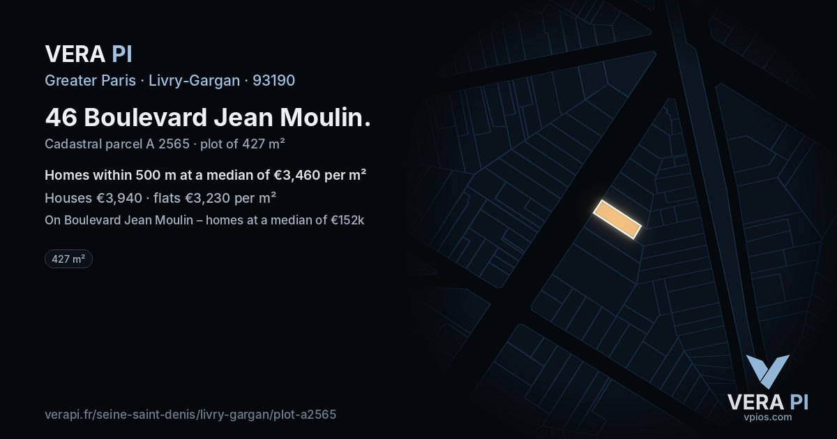 46 Boulevard Jean Moulin, Livry-Gargan at night – the plot lit, the parcels around coloured by the prices near them