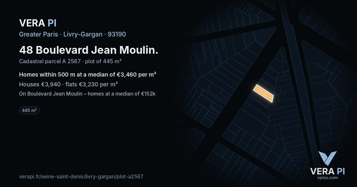 48 Boulevard Jean Moulin, Livry-Gargan at night – the plot lit, the parcels around coloured by the prices near them