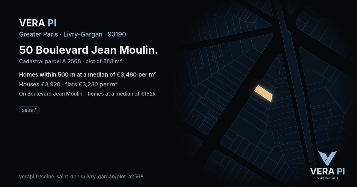 50 Boulevard Jean Moulin, Livry-Gargan at night – the plot lit, the parcels around coloured by the prices near them