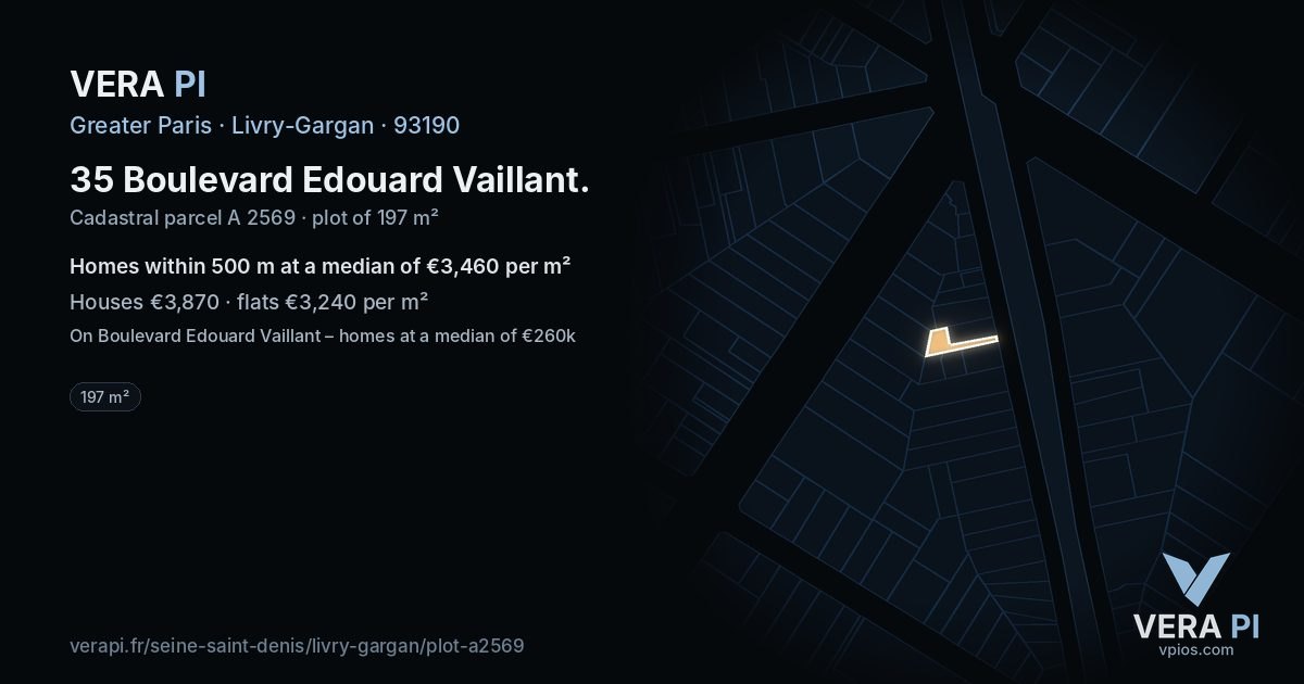 35 Boulevard Edouard Vaillant, Livry-Gargan at night – the plot lit, the parcels around coloured by the prices near them